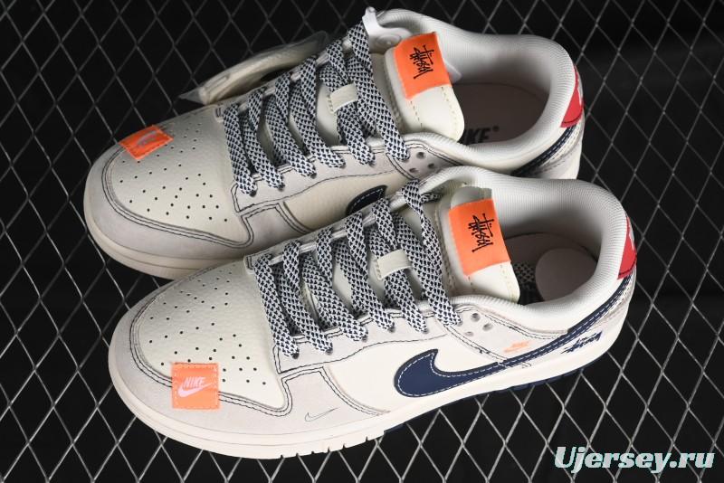 Nike SB Dunk Low Stussy Collaboration - Patchwork Grey White Dark Blue Swoosh Anniversary Custom Low-Top Casual Skate Shoes - MM1089-025