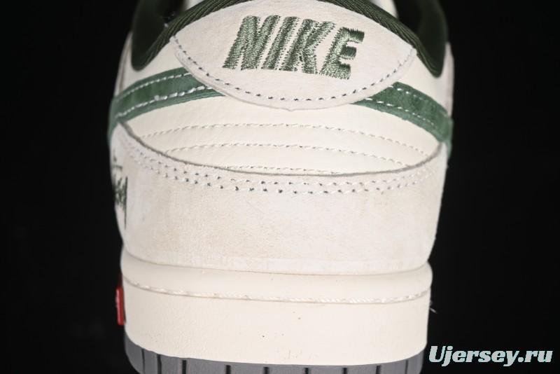 Nike SB Dunk Low Supreme x Stussy Triple Collaboration - Off White Green Swoosh Anniversary Custom Low-Top Casual Sneakers - SJ2068-303