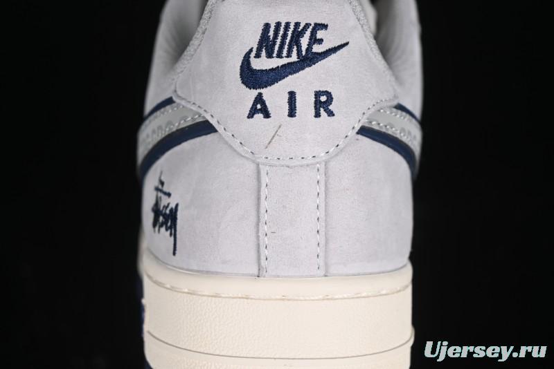 Nike Air Force 1 '07 Low Stussy Collaboration - Grey Pigskin Blue Sole Low-Top Casual Sneakers - XZ3318-028