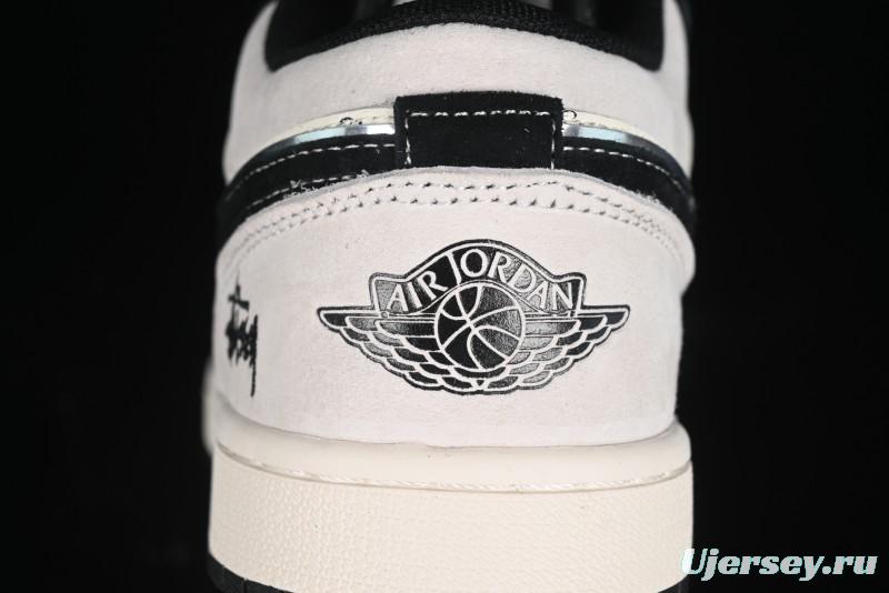 Nike Air Jordan 1 Low Stussy Collaboration - Silver Trim Black Swoosh Retro Basketball Shoes - SJ9950-026