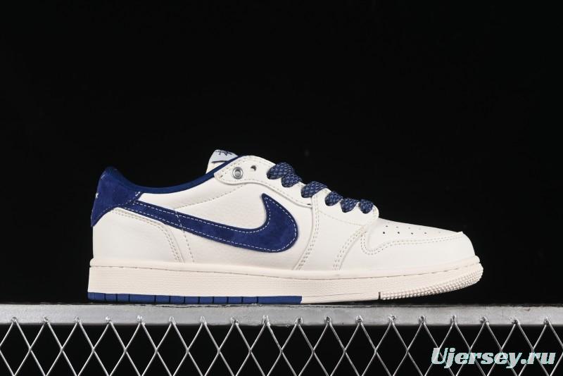 Nike Travis Scott x Fragment Design x Air Jordan 1 Low OG SP AJ1 Supreme Stussy Collaboration - Suede Blue Swoosh Low-Top Casual Sneakers - SJ2068-127