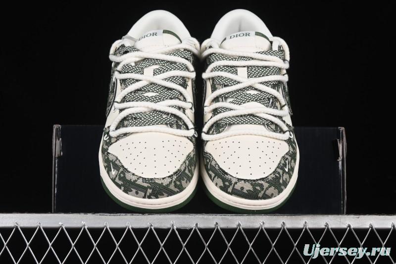 Nike SB Dunk Low Dior Collaboration - Strap Woven Green Check Anniversary High-End Custom Low-Top Casual Skate Shoes - SJ2068-309