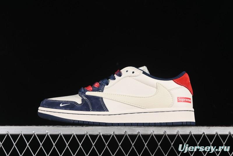 Nike Travis Scott x Fragment Design x Air Jordan 1 Low OG SP AJ1 Supreme Collaboration - Deep Blue Red Culture Casual Sneakers - XY2688-122