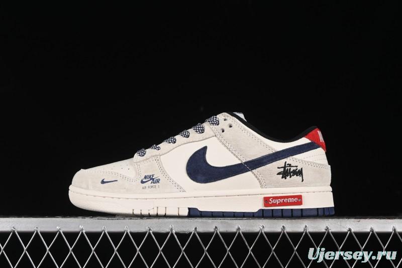 Nike SB Dunk Low Supreme x Stussy Triple Collaboration - Off White Navy Swoosh Anniversary Custom Low-Top Casual Sneakers - SJ2068-301