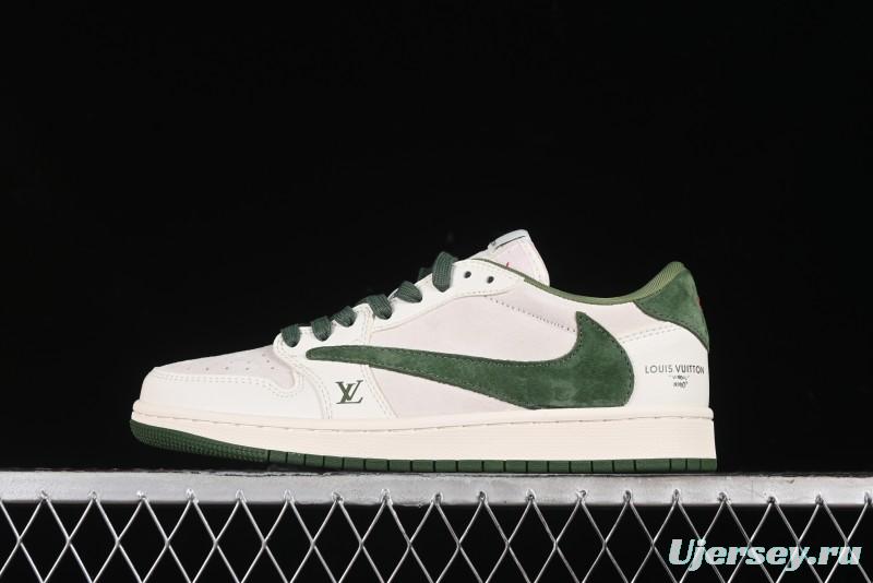 Nike Travis Scott x Fragment Design x Air Jordan 1 Low OG SP AJ1 LV Collaboration - Grey Green Pigskin Low Top Casual Sneakers - XZ1268-005