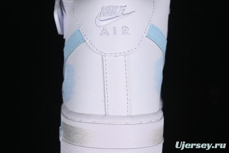 Nike Air Force 1 '07 Mid Light Blue Hand-Painted Cracked Three Stripes Shadow Mid-Top Casual Sneakers - CW2289-111