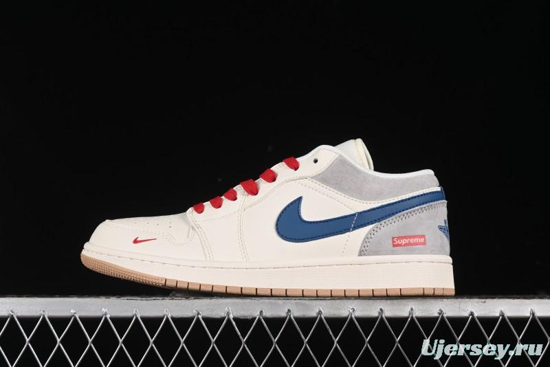 Nike Air Jordan 1 Low Supreme Collaboration - Retro Basketball Shoes in Blue and Gum Sole - SJ9950-022