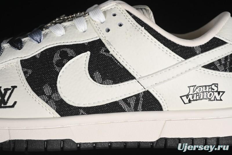 Nike SB Dunk Low LV Collaboration - Beige Black Printed Denim Anniversary High-End Custom Low-Top Casual Skate Shoes - XB3802-357