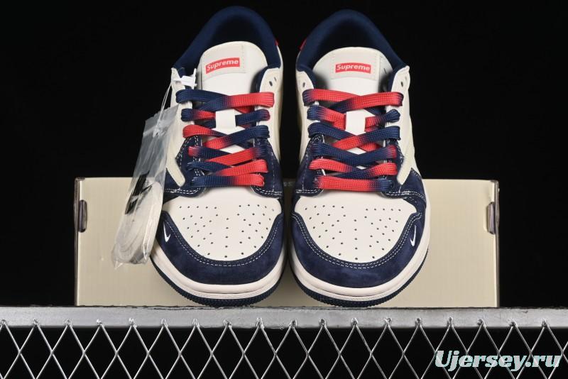 Nike Travis Scott x Fragment Design x Air Jordan 1 Low OG SP AJ1 Supreme Collaboration - Deep Blue Red Culture Casual Sneakers - XY2688-122