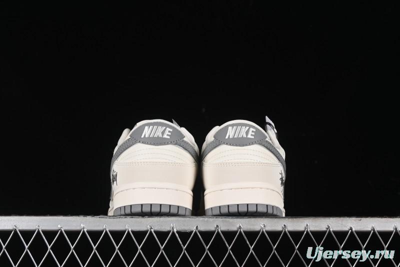 Nike SB Dunk Low Stussy Collaboration - Off White Dark Grey Swoosh Anniversary Custom Low-Top Casual Skate Shoes - DQ1098-382