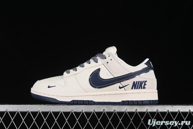 Nike SB Dunk Low Anniversary Premium Custom Low-Top Casual Skate Shoes in Off-White with Navy Blue Swoosh - SJ1089-004