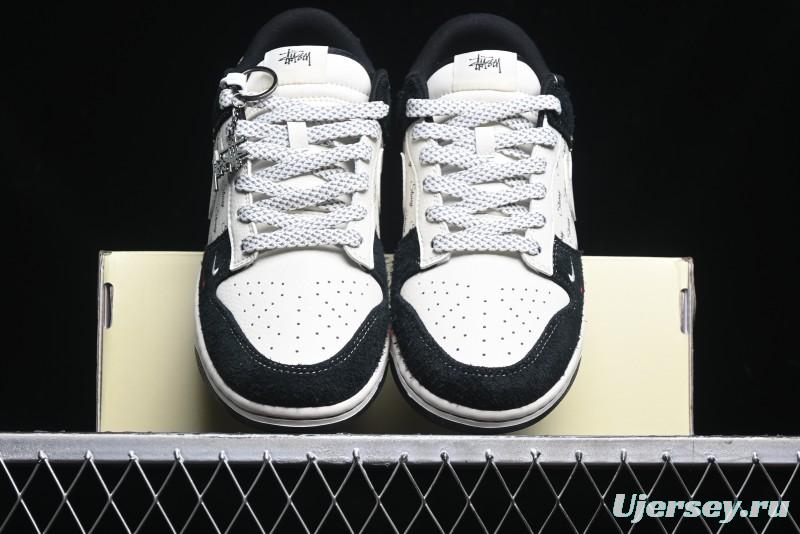 Nike SB Dunk Low Stussy Collaboration - Black White Mini Swoosh Anniversary Custom Low-Top Casual Skate Shoes - XY1688-017