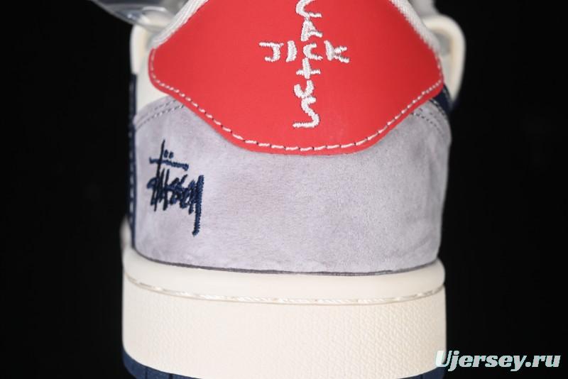 Nike Travis Scott x Fragment Design x Air Jordan 1 Low OG SP AJ1 Stussy Collaboration - Grey Blue Hook Lace Low Top Casual Sneakers - SJ0086-140