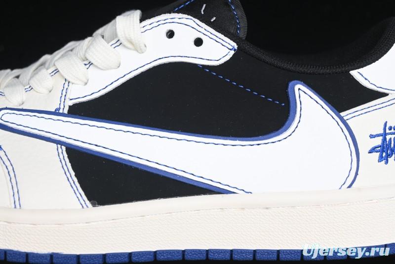 Nike Travis Scott x Fragment Design x Air Jordan 1 Low OG SP AJ1 Stussy Collaboration - Black Blue Line Low Top Casual Sneakers - SJ2068-113