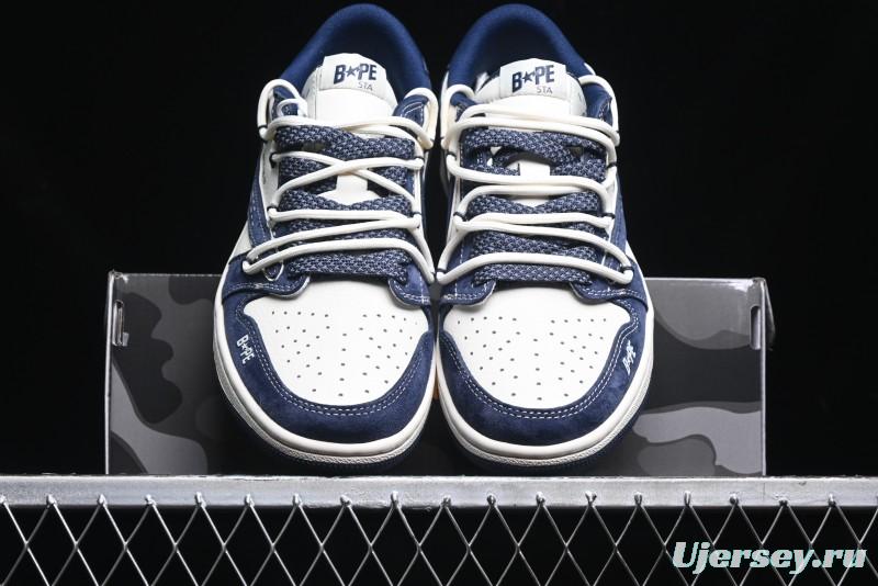 Nike Travis Scott x Fragment Design x Air Jordan 1 Low OG SP AJ1 Bape Collaboration - Klein Blue Lace-Up Low-Top Casual Sneakers - XS3186-201