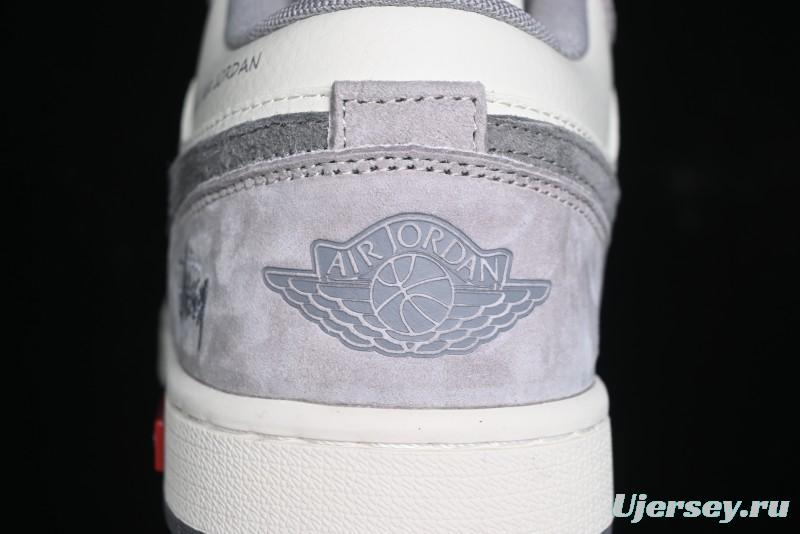 Nike Air Jordan 1 Low Stussy Collaboration - Grey White Dual-Tone Red Tag Retro Basketball Shoes - SJ9950-031