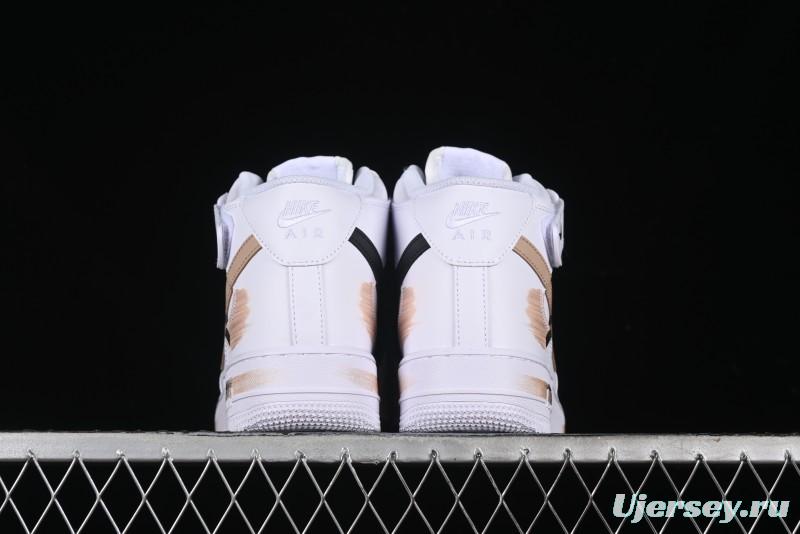 Nike Air Force 1 '07 Mid Hand-Painted White Black Brown with Swoosh Shadow Strap Mid-Top Casual Sneakers - CW2289-111