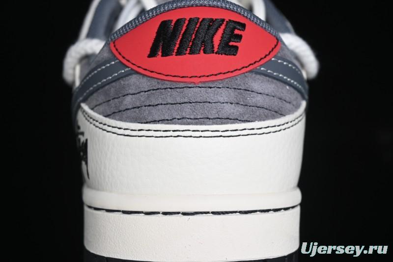 Nike SB Dunk Low Stussy Collaboration - Lace-Up Grey White Grey Check Anniversary High-End Custom Low-Top Casual Skate Shoes - YX5066-207