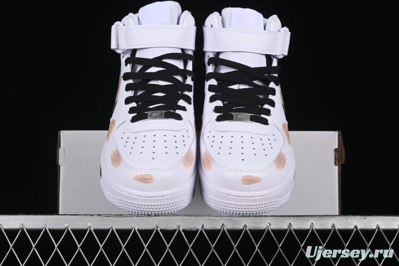 Nike Air Force 1 '07 Mid Hand-Painted White Black Brown with Swoosh Shadow Strap Mid-Top Casual Sneakers - CW2289-111