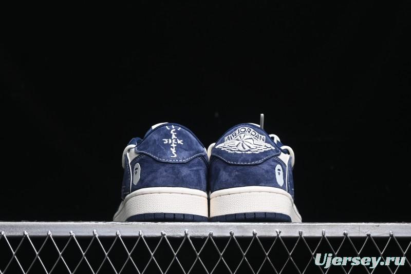 Nike Travis Scott x Fragment Design x Air Jordan 1 Low OG SP AJ1 Bape Collaboration - Klein Blue Lace-Up Low-Top Casual Sneakers - XS3186-201