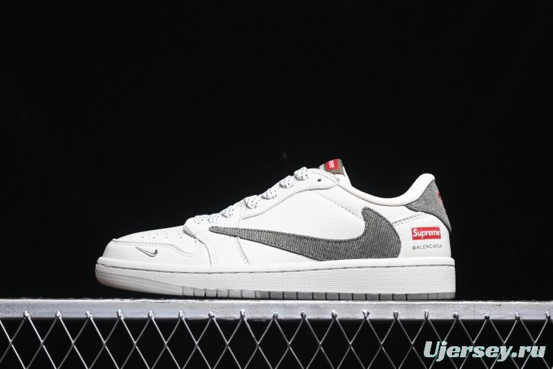 Nike Travis Scott x Fragment Design x Air Jordan 1 Low OG SP AJ1 Supreme Collaboration - Light Beige White Low Top Casual Sneakers - JH6088-609