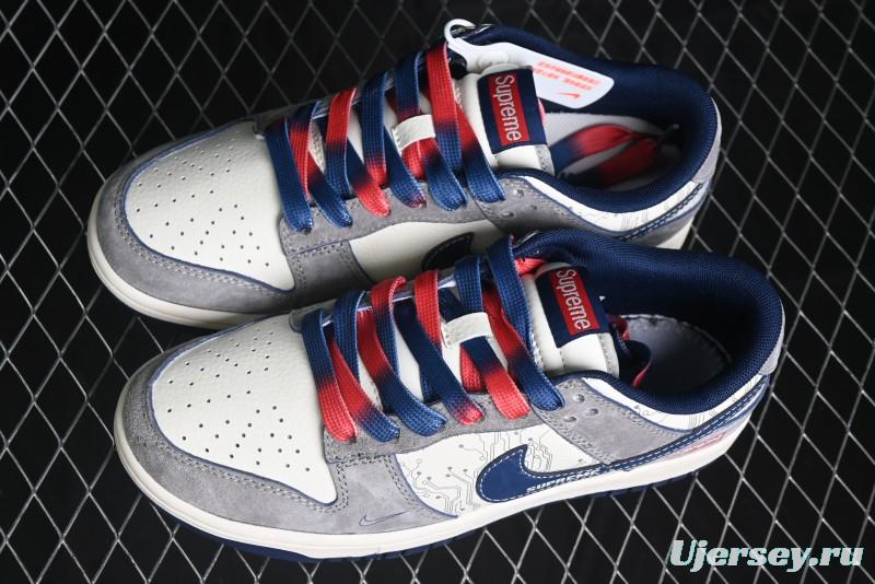 Nike SB Dunk Low Supreme Collaboration - Grey White Dark Blue Swoosh Anniversary High-End Custom Low-Top Casual Skate Shoes - DM6868-005