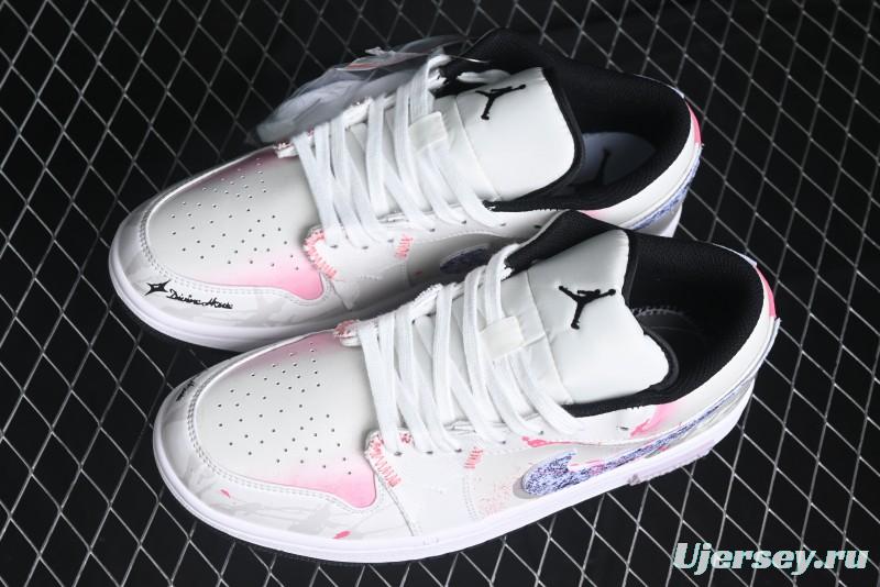 Nike Air Jordan 1 Low Retro Basketball Shoes - Panda Mischief Qixi Theme with Special Graffiti Design - 553558-132