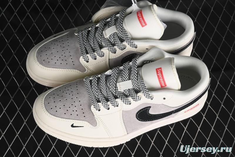 Nike Air Jordan 1 Low Supreme Collaboration - Dual-Tone Black Swoosh Custom Retro Basketball Shoes - SJ9950-043