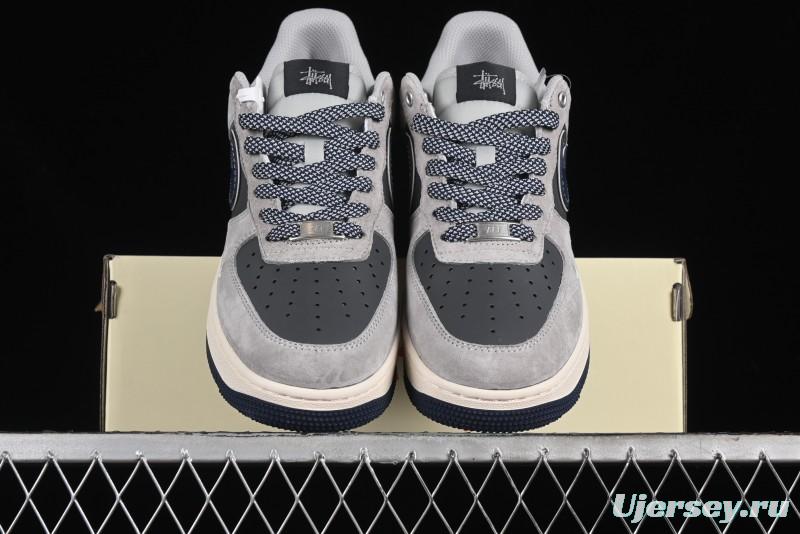 Nike Air Force 1 '07 Low Stussy Collaboration - Grey Pigskin Blue Sole Low-Top Casual Sneakers - SJ6698-005