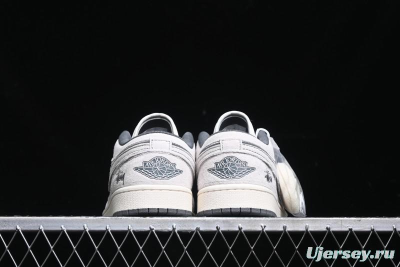 Nike Air Jordan 1 Low AJ1 Stussy Collaboration - Premium Customized Pigskin Grey Line Retro Basketball Shoes - DM9188-005
