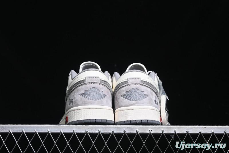 Nike Air Jordan 1 Low Stussy Collaboration - Grey White Dual-Tone Red Tag Retro Basketball Shoes - SJ9950-031
