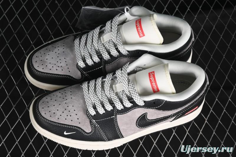 Nike Air Jordan 1 Low Supreme Collaboration - Black Grey Pigskin Two-Tone High-End Custom Retro Basketball Shoes - SJ9950-032