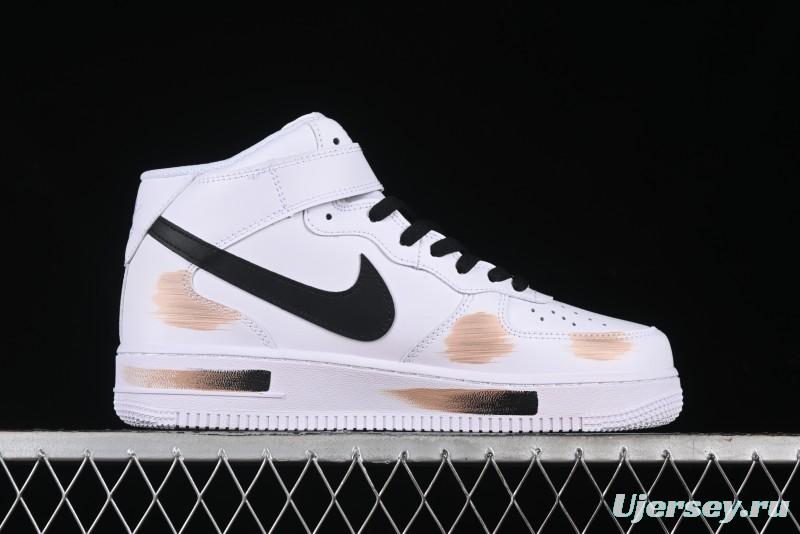 Nike Air Force 1 '07 Mid Hand-Painted White Black Brown with Swoosh Shadow Strap Mid-Top Casual Sneakers - CW2289-111