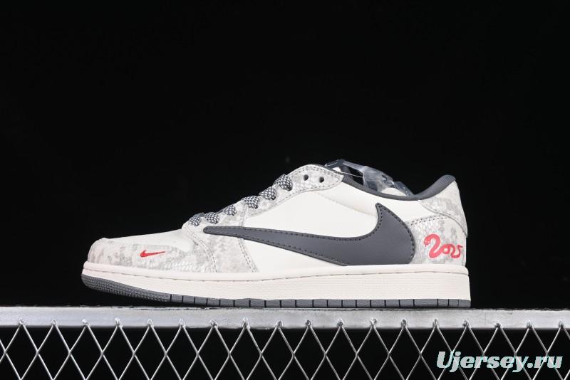 Nike Travis Scott x Fragment Design x Air Jordan 1 Low OG SP AJ1 Snake Year Limited Grey Snake Scale with Grey Swoosh Low-top Casual Sneakers - XS3086-009