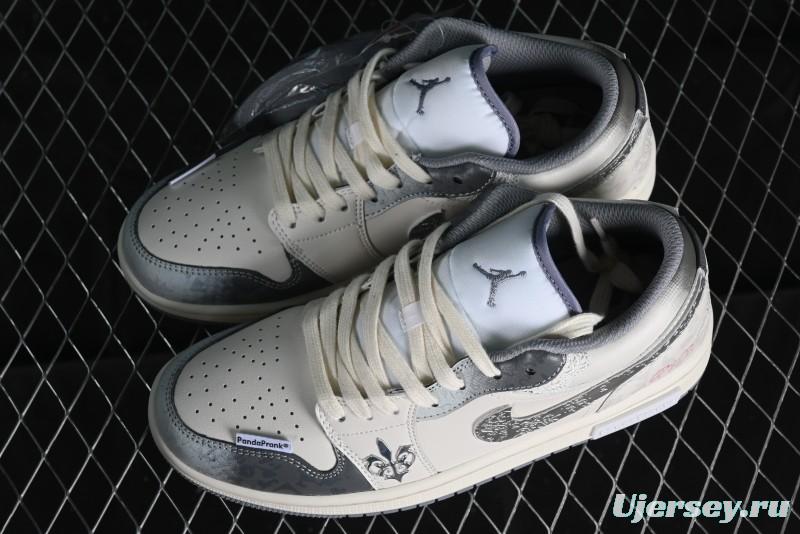Nike Air Jordan 1 Low AJ1 Panda Prank Modern Gray Floral Low-Top Casual Sneakers - 553560-053