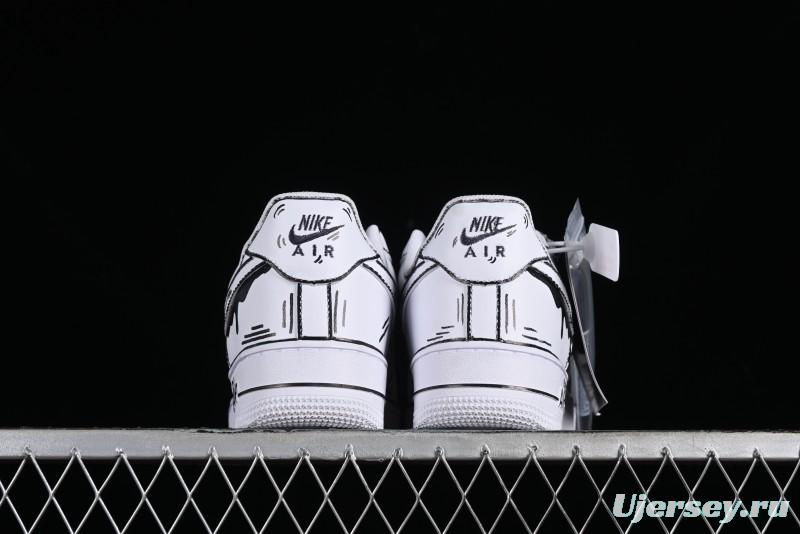 Nike Air Force 1 '07 Low Casual Sneakers with Black and White Hand-Drawn Manga Design - CW2288-811