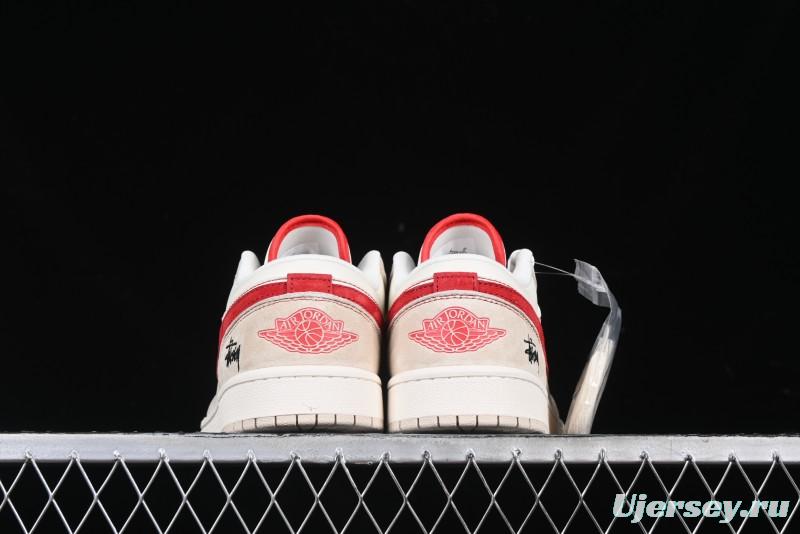 Nike Air Jordan 1 Low Stussy Collaboration Khaki Red Hook Retro Basketball Shoes - SJ9950-040