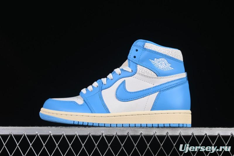 Nike Air Jordan 1 High OG "UNC Reimagined" Retro Basketball Shoes with Cracked Leather and Vintage Midsole - DZ5485-402