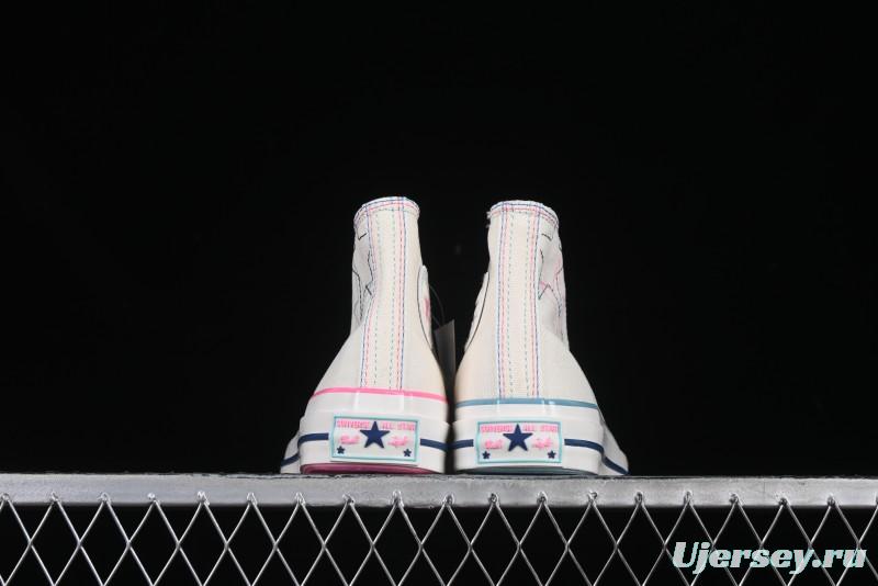 Converse Chuck 1970s High Top Casual Sneakers with Star Stitching and White-Pink-Blue Mismatched Design - A15744C