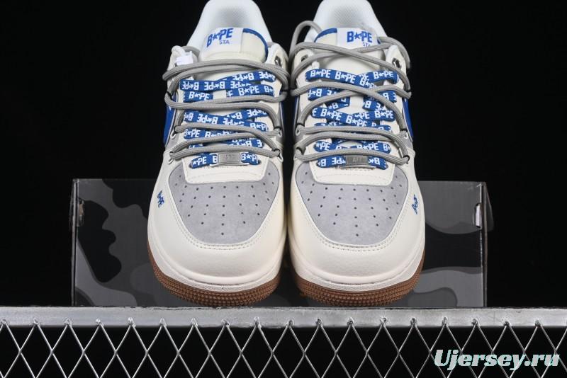 Nike Air Force 1 '07 Low Bape Collaboration Beige Blue Gum Pull Tab Casual Sneakers - SJ1198-112