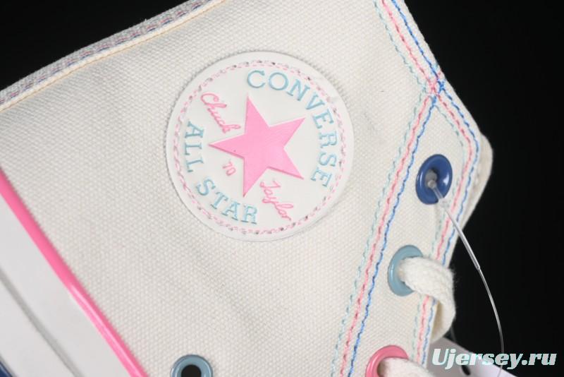 Converse Chuck 1970s High Top Casual Sneakers with Star Stitching and White-Pink-Blue Mismatched Design - A15744C