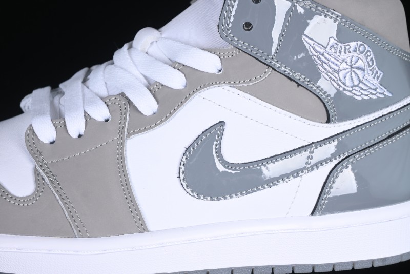 Nike Air Jordan 1 Mid AJ1 High-Top Basketball Shoes in White Grey Patent Leather - HF3216-100