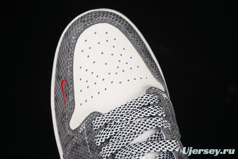Nike Air Jordan 1 Low Retro Basketball Shoes with Custom Stussy Grey Snake Design - FC1688-202