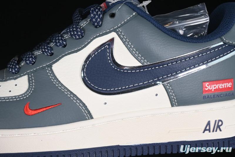 Nike Air Force 1 '07 Low Supreme Casual Sneakers in Grey Blue with Red Swoosh - XZ6188-382
