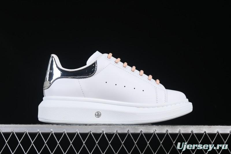 Alexander McQueen Oversized Sneakers with Mirror Silver Heel - White Leather Lace-Up Shoes