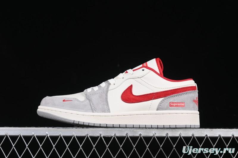 Nike Air Jordan 1 Low AJ1 Supreme Collaboration - White Grey Red Swoosh Retro Basketball Shoes - SJ9950-024
