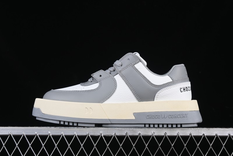 Choco Concert Leather Round Square Asymmetric Fashion Sneakers White Gray - AJE5