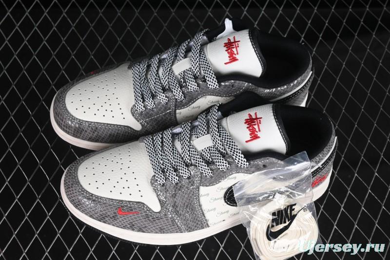 Nike Air Jordan 1 Low Retro Basketball Shoes with Custom Stussy Grey Snake Design - FC1688-202