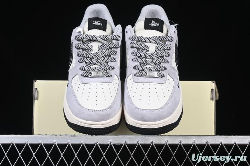 Nike Air Force 1 '07 Low Stussy Collaboration Grey Pigskin Black Swoosh Low-Top Casual Sneakers - XZ3318-099