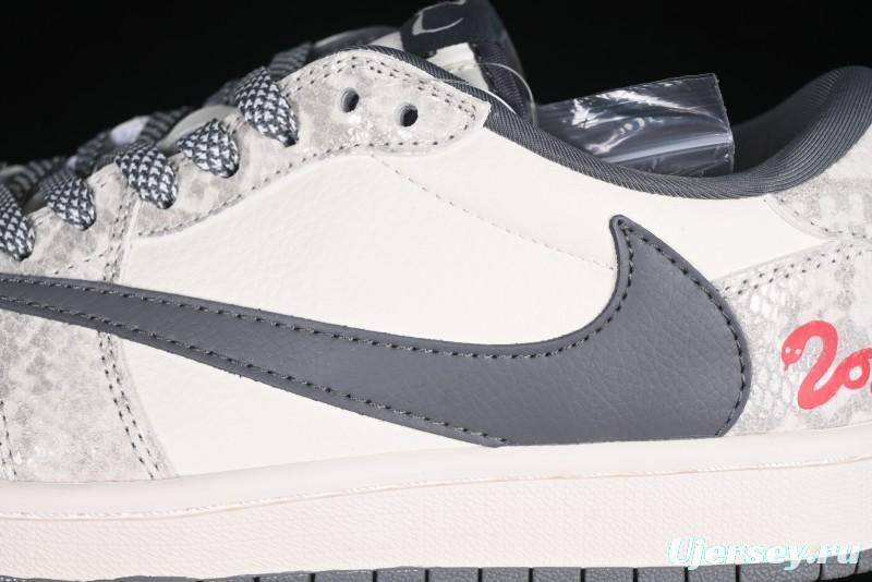 Nike Travis Scott x Fragment Design x Air Jordan 1 Low OG SP AJ1 Snake Year Limited Grey Snake Scale with Grey Swoosh Low-top Casual Sneakers - XS3086-009
